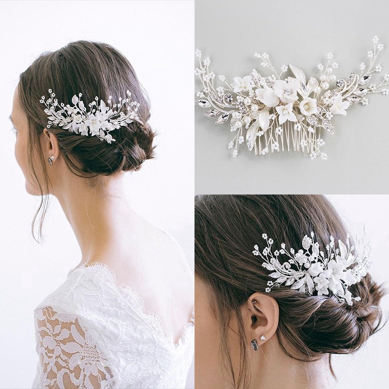 White Flower Bridal Hair Comb Pearl Bridal Hairpiece Wedding